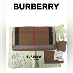 BURBERRY Large Zip Around Nova Check Grey Mink Leather Wallet Dust Bag Authentic